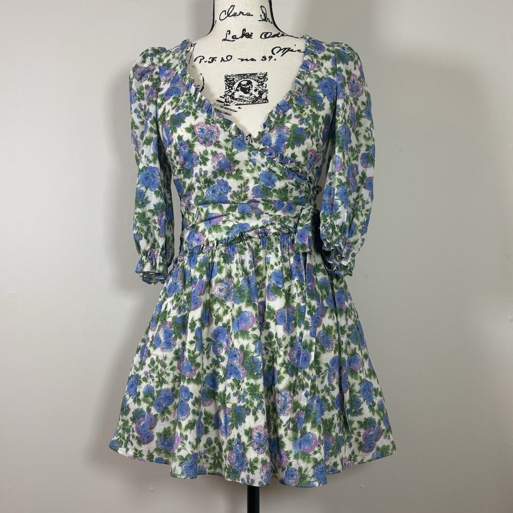 For Love & Lemons Bridget Floral Mini Dress Blue Green Ruffle XS Coquette